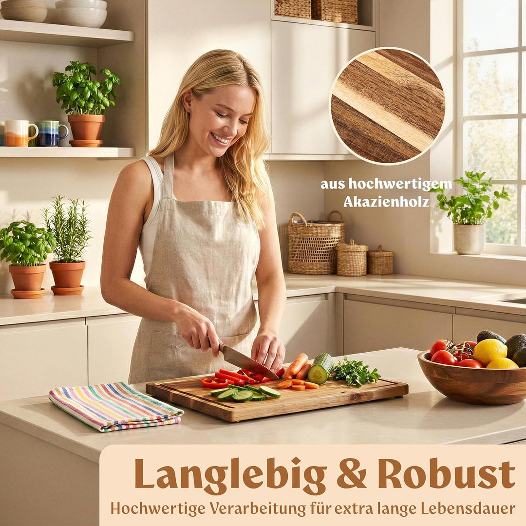 Schneidebrett Holz 3er Set (40x30cm / 33x24cm / 26x18cm) Holzschneidebrett aus Massiver Akazie - 2cm
