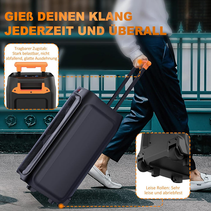 JYX Karaoke Anlage mit 2 drahtlosen Mikrofonen, Grosser Karaoke Lautsprecher Bluetooth mit Rädern un