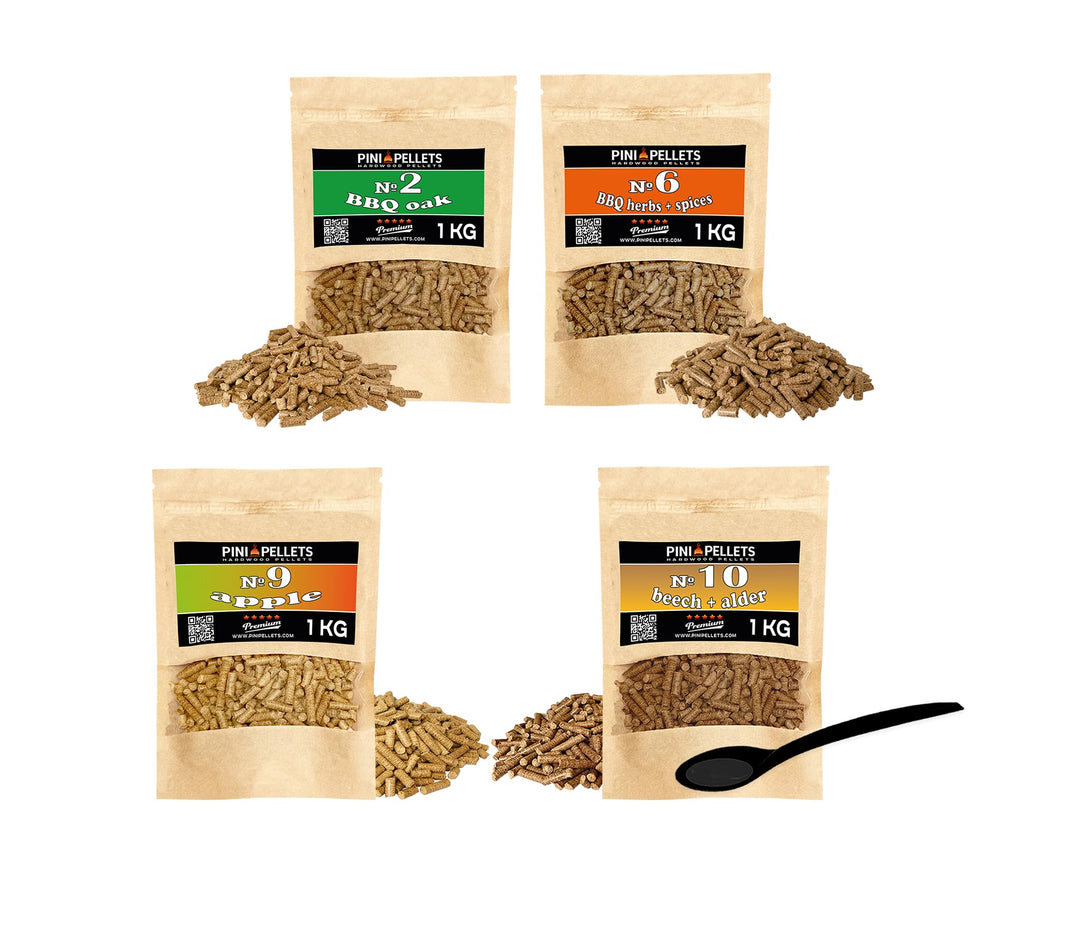 PINI Naturholzpellets Set 4X 1 kg für BBQ und Grillen Auswahl aus 4 Sorten - Eichenpellets Nr 2, BBQ