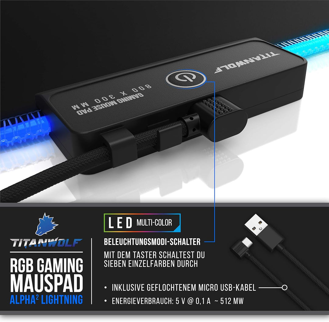 CSL - RGB Gaming Mauspad TITANWOLF - LED Schreibtischunterlage - 800x300 mm - XXL Mousepad - Multi C