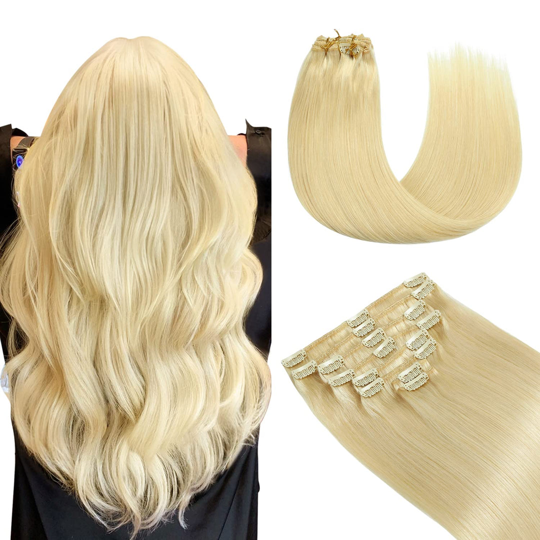 YILITE Clip in Extensions Echthaar Blond 35cm 100% Echthaar Extensions Clip 14 Zoll 8 Stück 110g Uns
