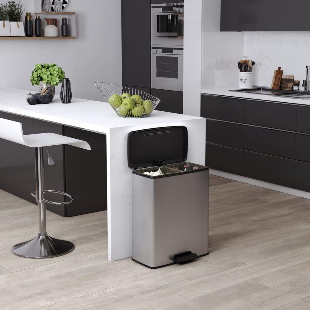 Curver Deco Bin Duo Tretmülleimer, Metallic Silber – Soft-Close-Deckel, 2 herausnehmbare 26L Eimer,