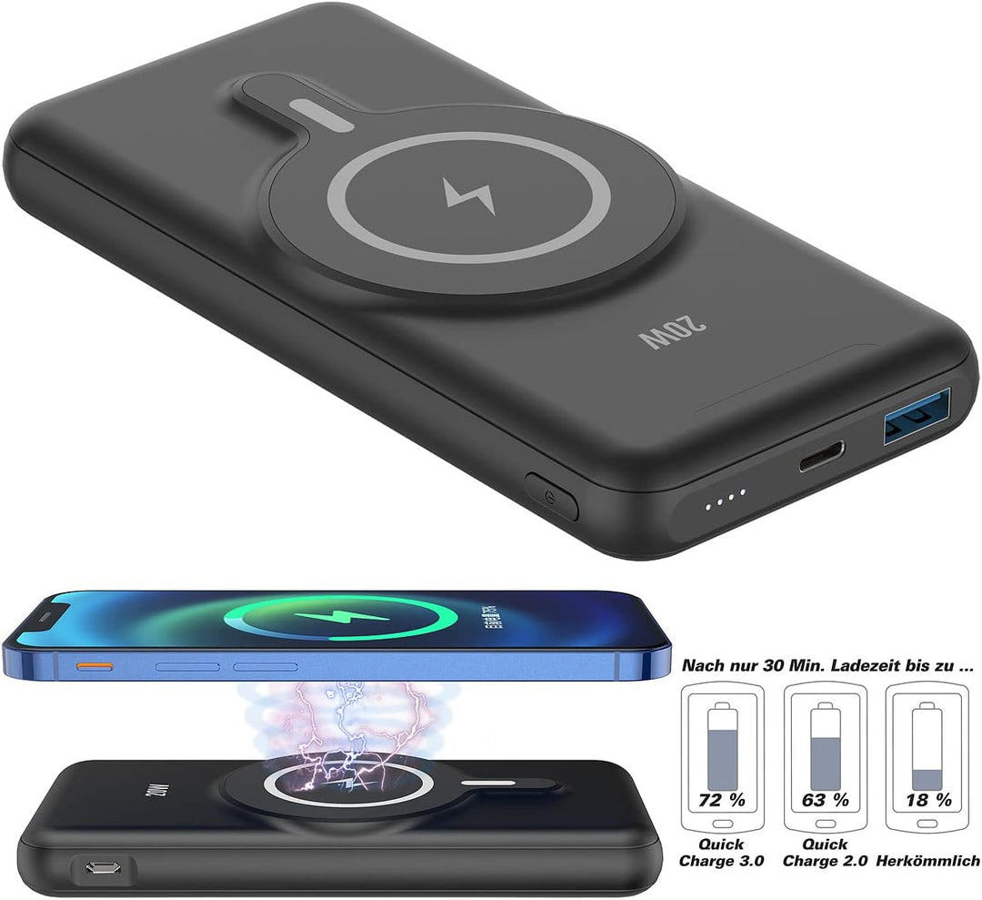 revolt Wireless Powerbank: Magnetische Powerbank 10.000 mAh, für Qi &amp; MagSafe, PD, QC, 20W (Magnetis