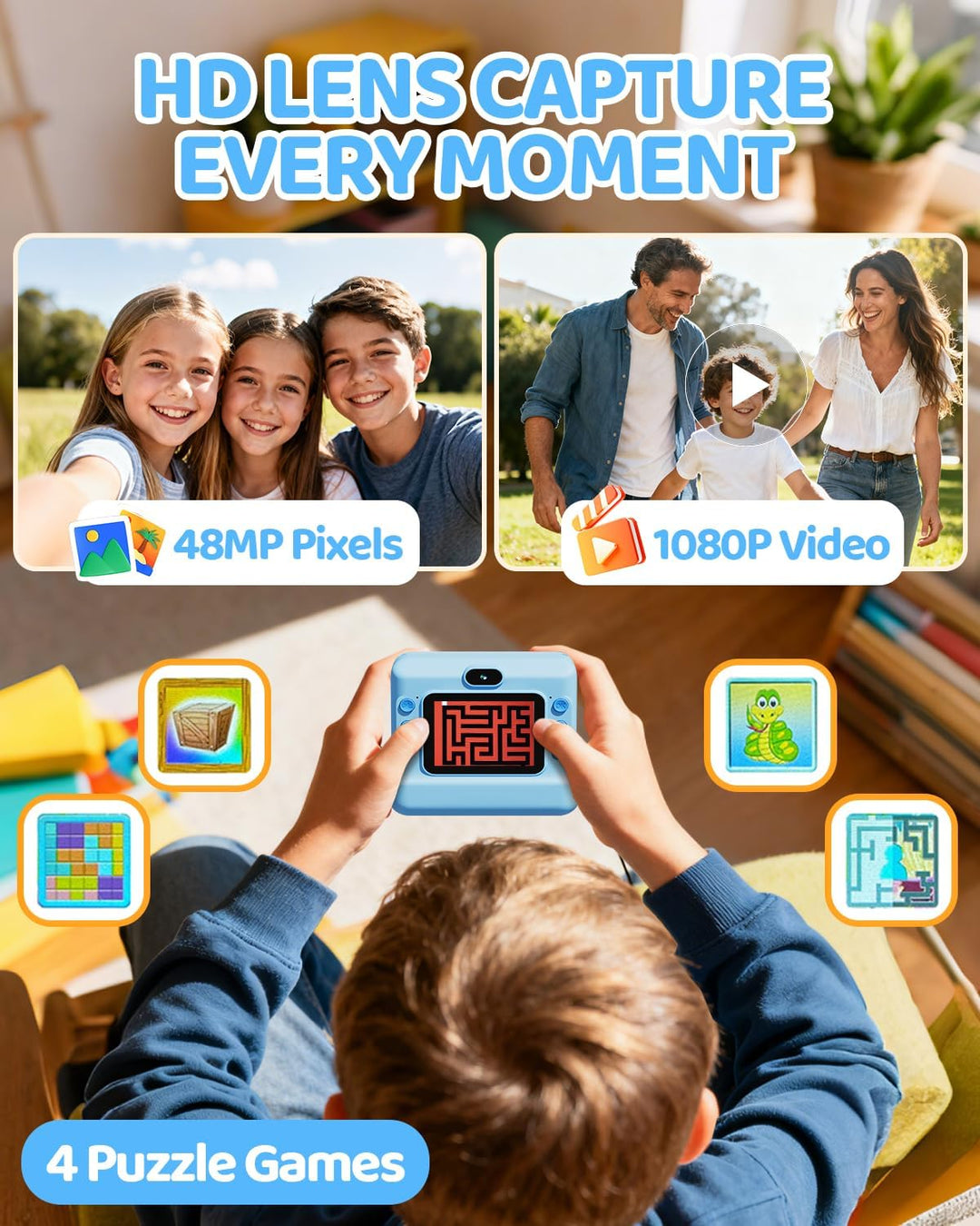 CalineGam Kinderkamera Sofortbildkamera, 1080P HD Sofortbildkamera Kinder mit 32 GB Karte und 3 Papi