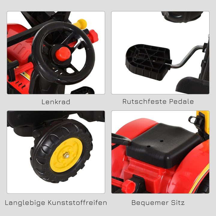 HOMCOM Trettraktor mit Anhänger, Frontlader, Verstellbarer Schaufel, Traktor Tretfahrzeug für Kinder