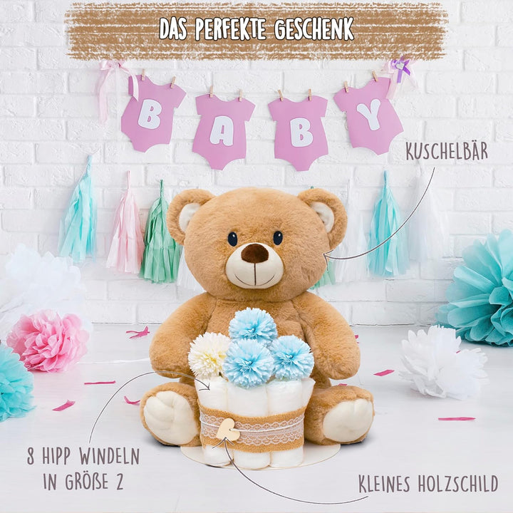 MilaBoo® Kleine Vintage Windeltorte Junge mit grossem Teddybär I Liebevolles Geschenk zur Geburt I H