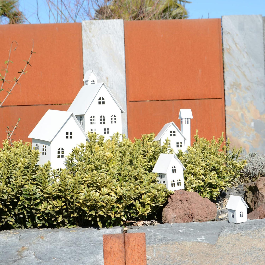 UNUS Deko Häuser 5er Set, Lichthäuser aus Metall, in Weiss, Herbstdeko Outdoor, Weihnachtsdorf für G