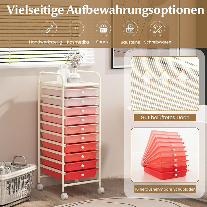 COSTWAY Rollwagen mit Schubladen Rollcontainer Badrollwagen Badtrolley Badregal Beistellwagen mit 10