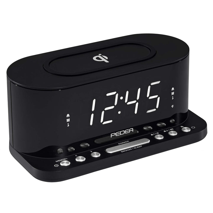PEDEA FM Radiowecker mit induktiver QI-Ladefunktion und dimmbarem Display, Snooze, Dual Alarm und Sl