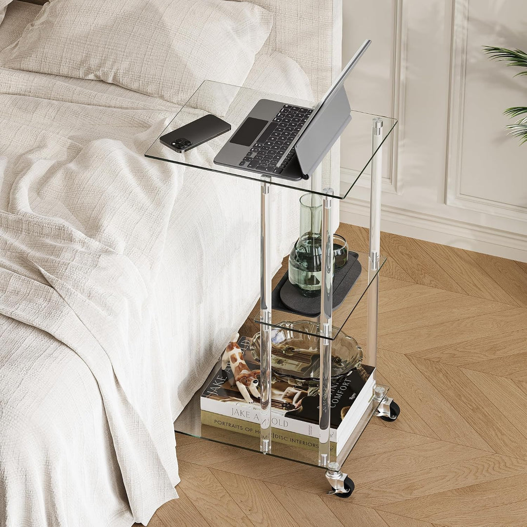 C-förmiger Beistelltisch Glas Transparent Rollbar Sofa Side Table LET525TR | Transparenter glastisch