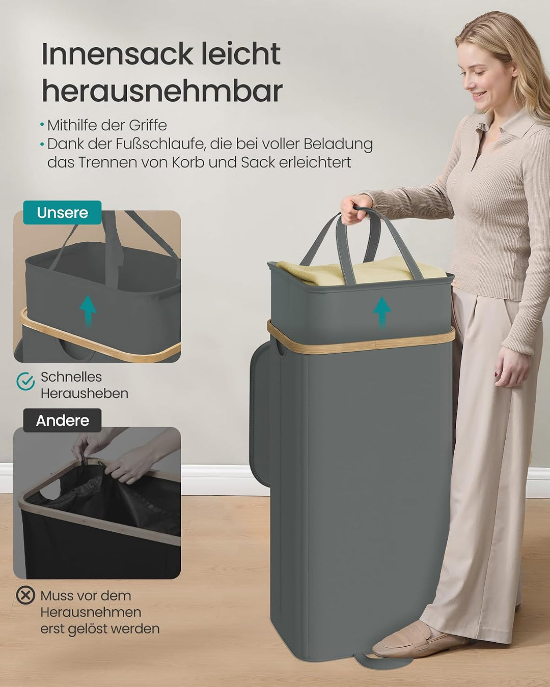 SONGMICS Wäschekorb mit Deckel, Wäschesammler, Wäschetruhe, Wäschetonne, Wäschesack herausnehmbar, B