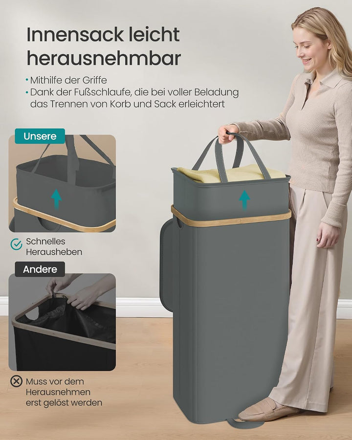 SONGMICS Wäschekorb mit Deckel, Wäschesammler, Wäschetruhe, Wäschetonne, Wäschesack herausnehmbar, B