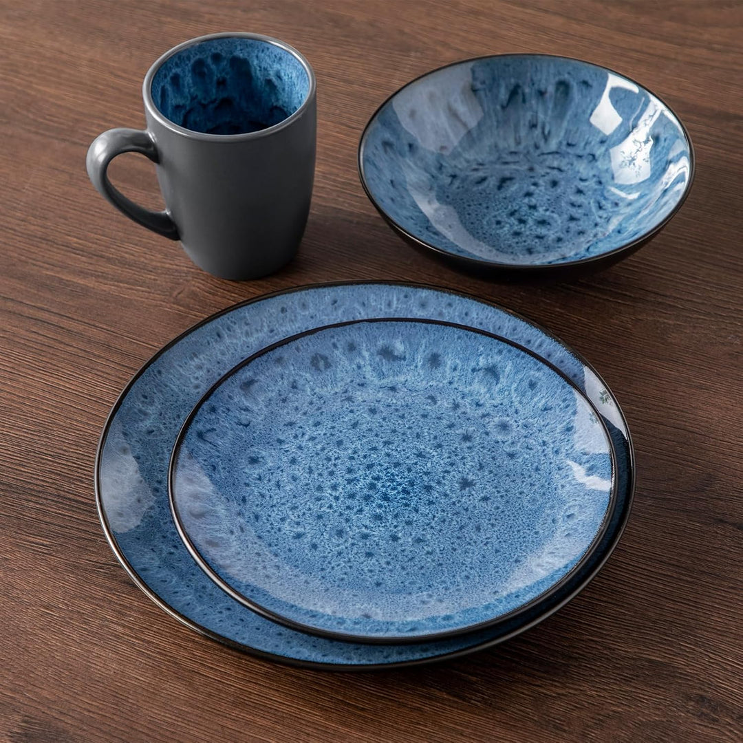 Geschirrset Steinzeug, vancasso BUBBLE 16-tlg Geschirr Set blau, Reaktive Glasur Tafelservice mit Te