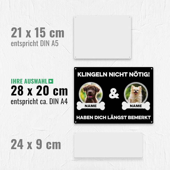 Hunde Schild personalisiert - Klingeln nicht nötig - Metallschild mit Foto und Name für aussen, wett