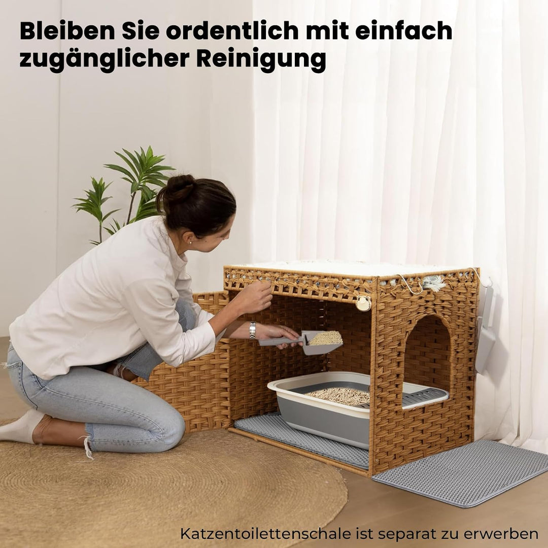 Katzenklo: Versteckte Katzentoilette aus Rattan in Möbeloptik mit auslaufsicherer Katzenklo-Matte fü