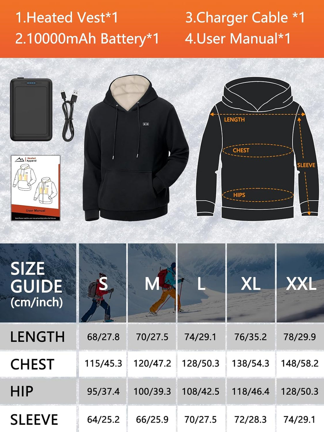 WUEAOA Beheizbarer Hoodie, Unisex Hoodie Beheizbar, 30% Grössere Heizfläche | Graphen-Heiztechnologi