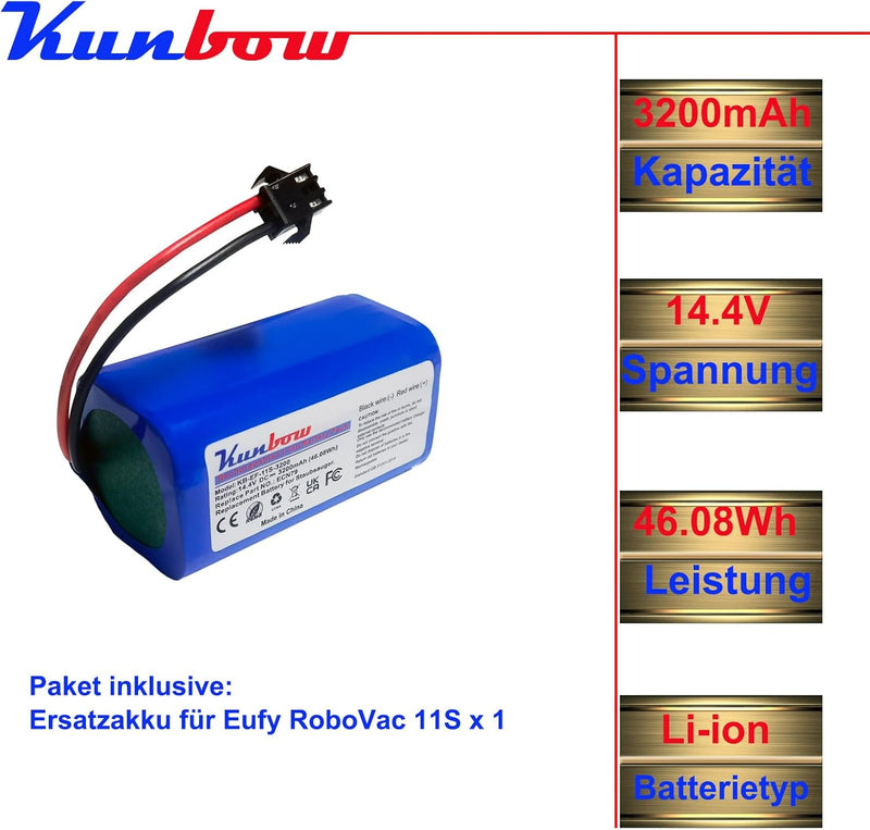 Kunbow 3200mAh Li-ion akku,Ersatzakku für Eufy RoboVac 11 11S MAX,30C 35C,G10 Hybrid,G40 Hybrid+,für