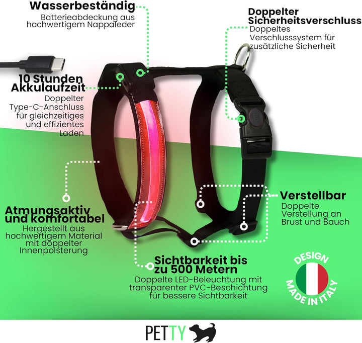 Petty Store -Leuchtharnisch für Hunde, wasserdicht, 3 Farben – Geschirr mit LED, USB-Aufladung bis z