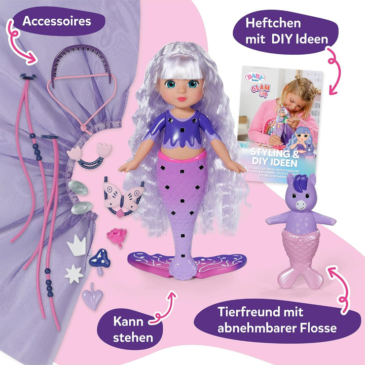 Baby Born Glam Up Aura, Meerjungfrau mit Langen blauen Haaren mit UV-Farbeffekt, zum Stylen mit Stof