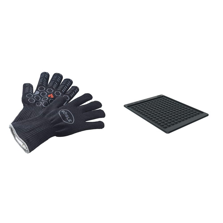 RÖSLE Premium-Grillhandschuhe, Hochwertige Handschuhe zum Schutz vor Verbrennungen & Ablagematte Sil