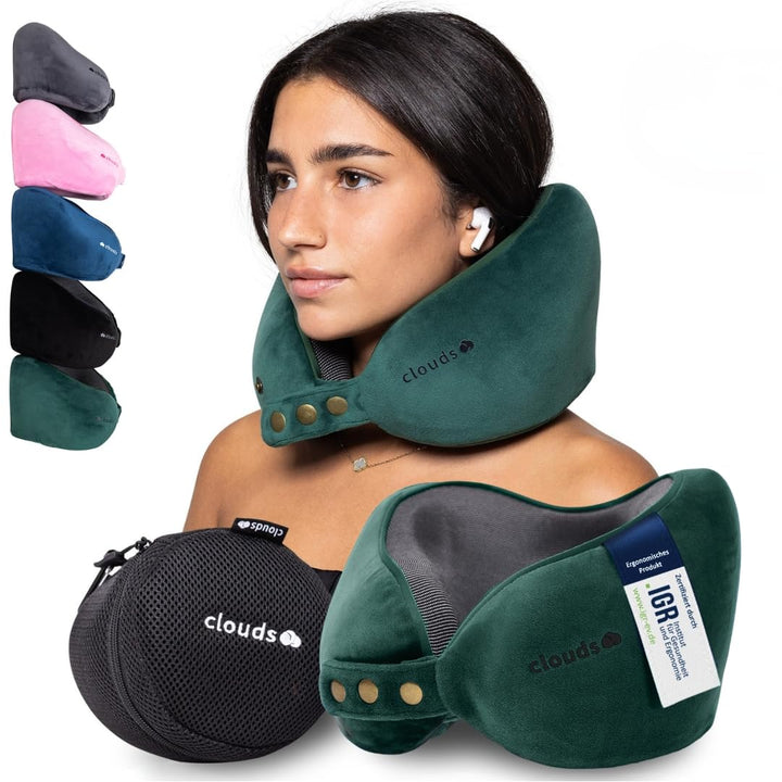 CLOUDS Nackenkissen Flugzeug & Auto – Einstellbares Memory Foam Reisekissen in 2 Grössen für Erwachs