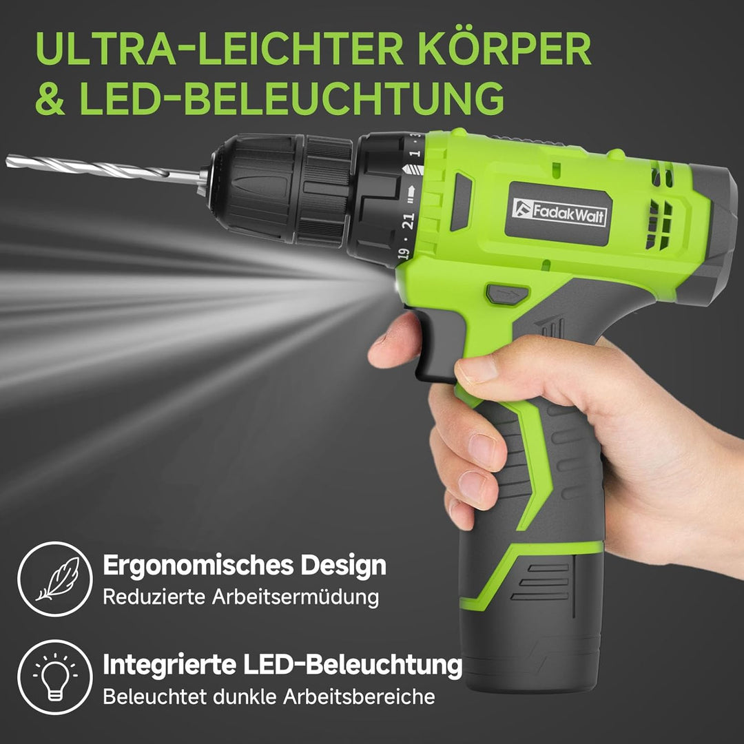 Akkuschrauber Klein, Akku Bohrmaschine 12V, FADAKWALT Mini Akkuschrauber mit 50-tlg Zubehör, 21+1 Dr