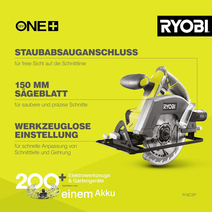 RYOBI 18 V ONE+ Akku-Handkreissäge R18CSP-0, 150 mm Sägeblatt, werkzeuglose Einstellung, präzise Sch