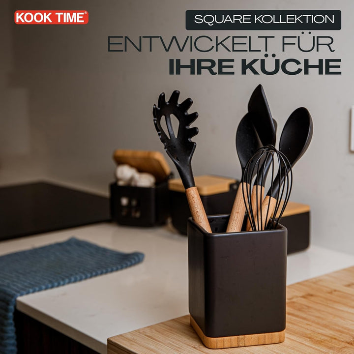KOOK TIME Küchenutensilienhalter - Utensilienhalter küche aus keramik und Bambus - Quadratischer küc