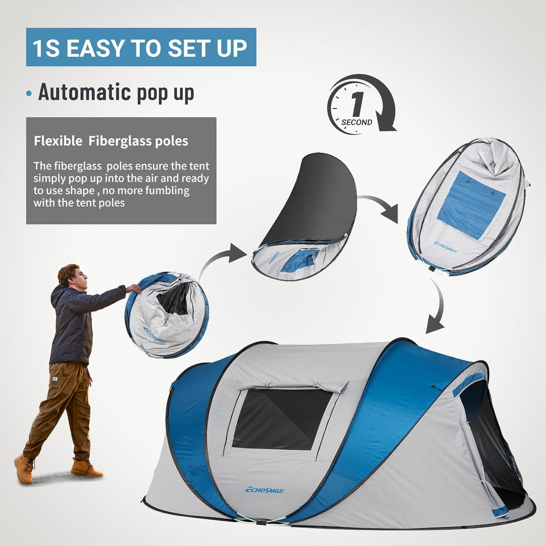 EchoSmile Pop up Zelt 4-8 Personen, Wurfzelt Wasserdicht mit 2 Belüftungsfenstern, Familienzelt &amp; Ca