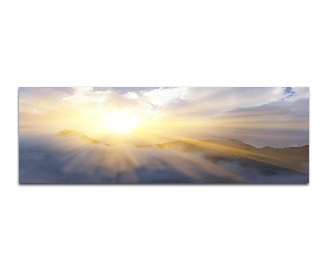 Paul Sinus Art Panoramabild auf Leinwand und Keilrahmen 150x50cm Berge Sonnenstrahlen Wolkenschleier