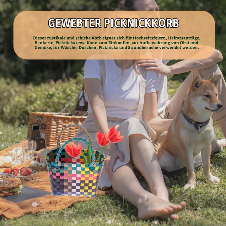 BESTOYARD Geflochtener Einkaufskorb Aus Hochwertigem Pvc - Bunter Tragbarer Aufbewahrungskorb Mit He
