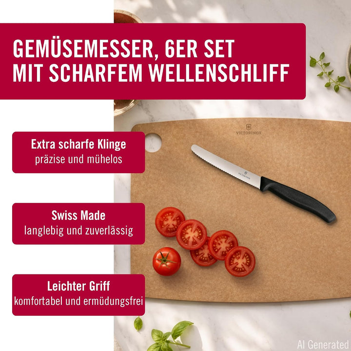 Victorinox Swiss Classic, Frühstücksmesser, Brötchenmesser Set 6teilig, Scharfe Klinge, Wellenschlif