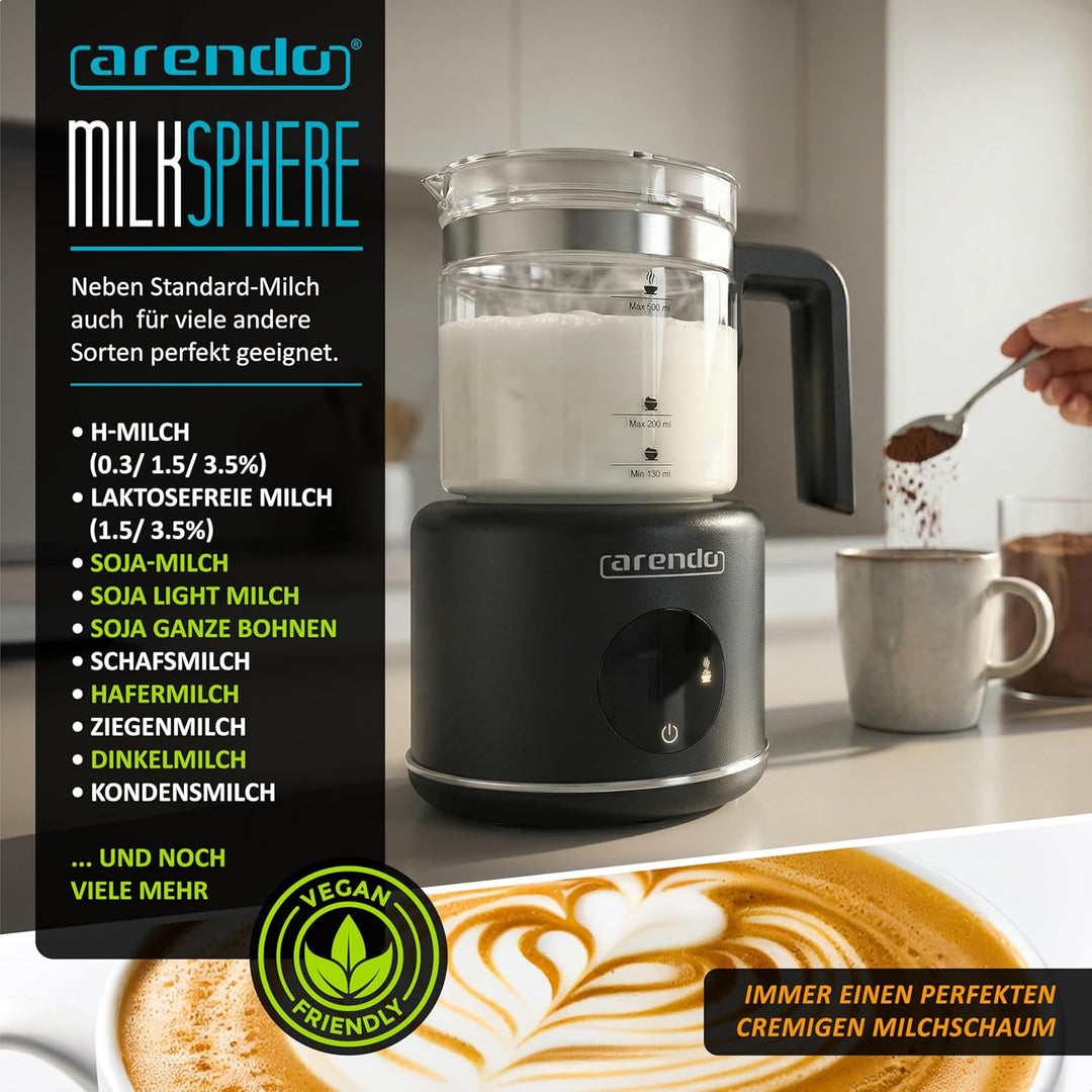 Arendo – Milchaufschäumer elektrisch – 600 Watt Heizelement – 500 ml – 6 Automatikprogramme – Milchs