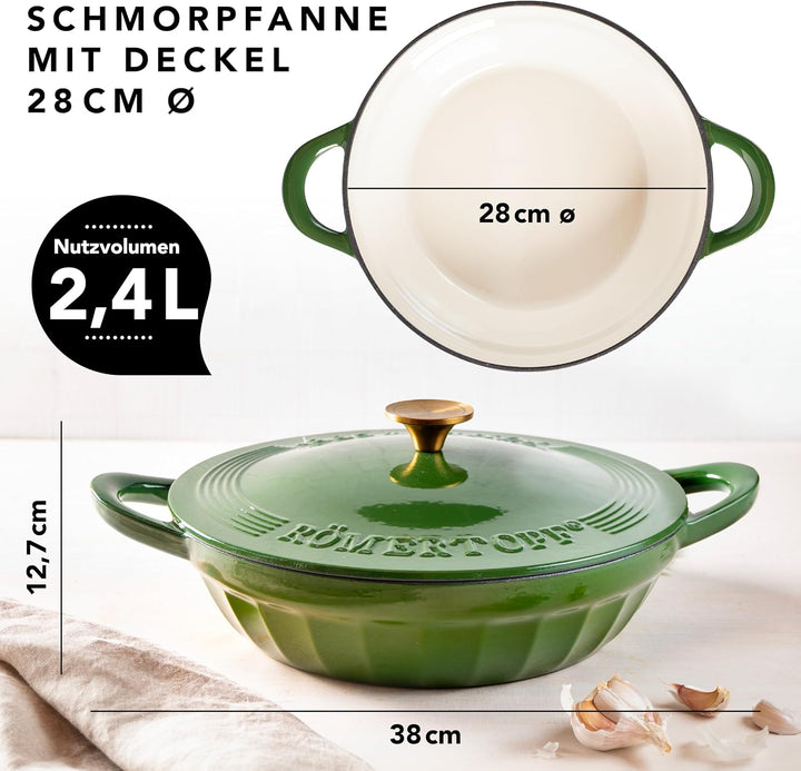 Römertopf Schmorpfanne Gusseisen 28 cm 2,4 L mit Deckel, Tiefgrün, Tiefgrün