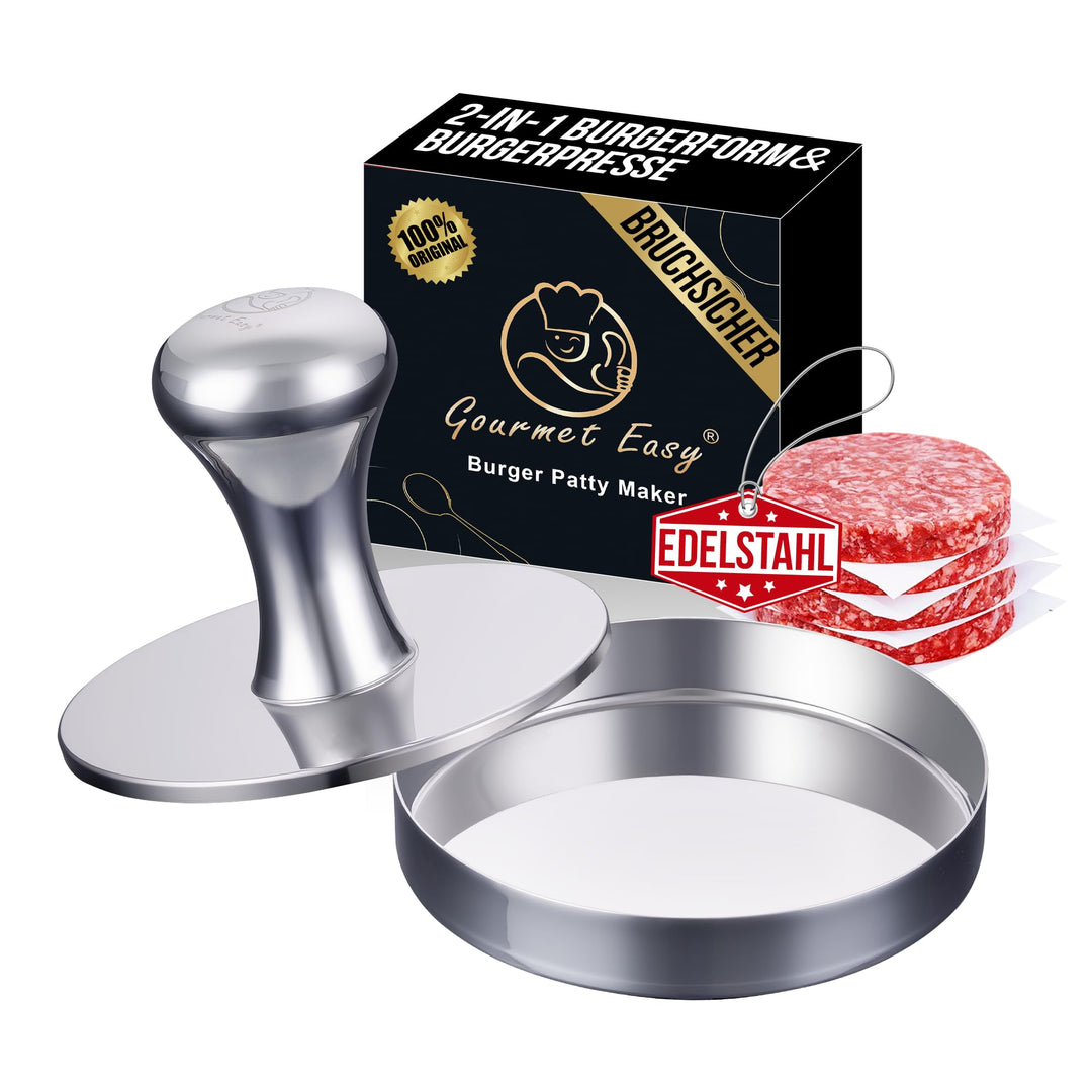 Burgerpresse aus Edelstahl 2-in-1 | Burger Patty Presse & Hamburgerpresse | inkl. Antihaft-Trennpapi