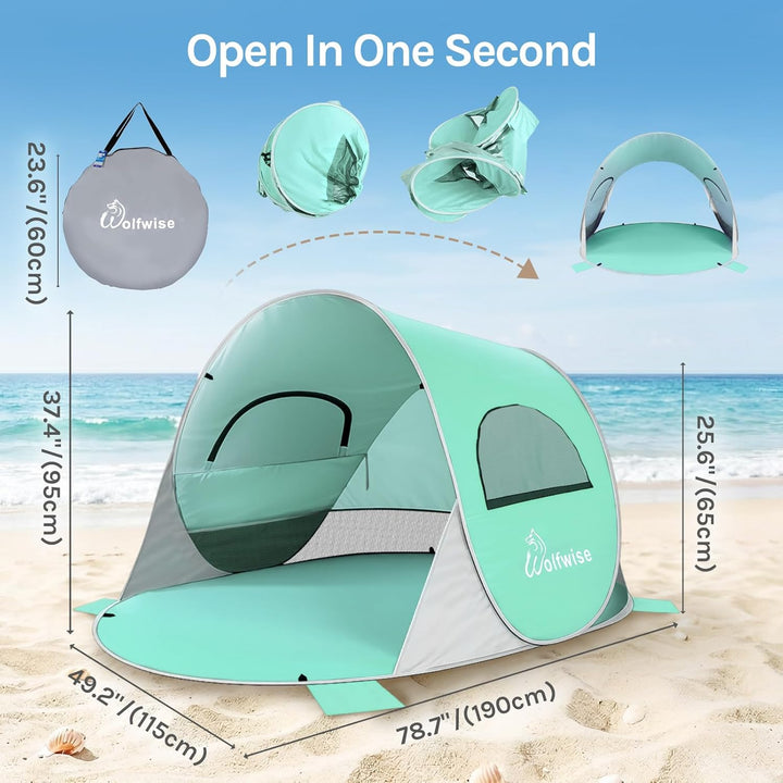 Wolfwise Pop Up Strandmuschel für 2 Personen, Sofort Aufbau, UV-Schutz 50+, Wasserabweisend, Belüfte