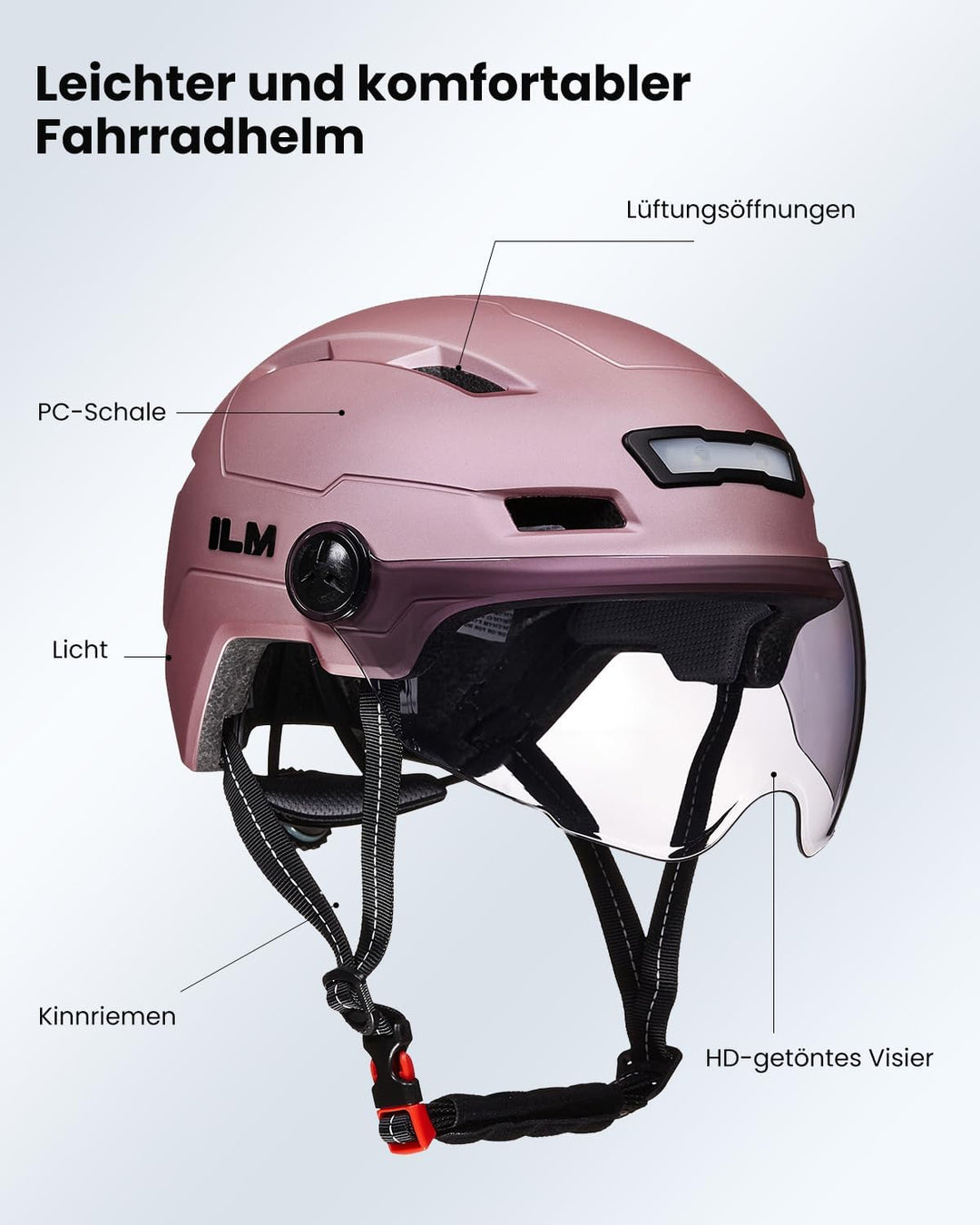 ILM Fahrradhelm für Erwachsene mit USB-wiederaufladbarer LED-Vorder- und Rücklicht, Mountain- und St