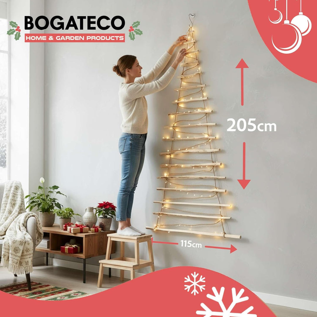 BOGATECO Handgemacht Weihnachtsbaum 205 cm hoch, aus Haselnussholz | Deko Anhänger | mit 10 m LED-Le