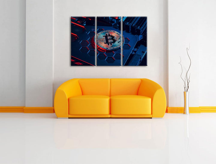 Bitcoin BTC auf Computerchipals Leinwandbild 3 teilig | Grösse: 120x80 cm | Wandbild | Kunstdruck |