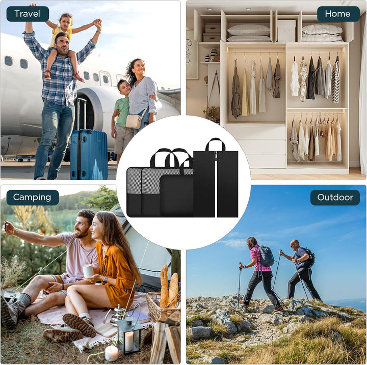 Cozary Kompressions-Packwürfel mit Schuhbeutel 4er-Set, Doppelseitig Kofferorganizer Handgepäck Pack