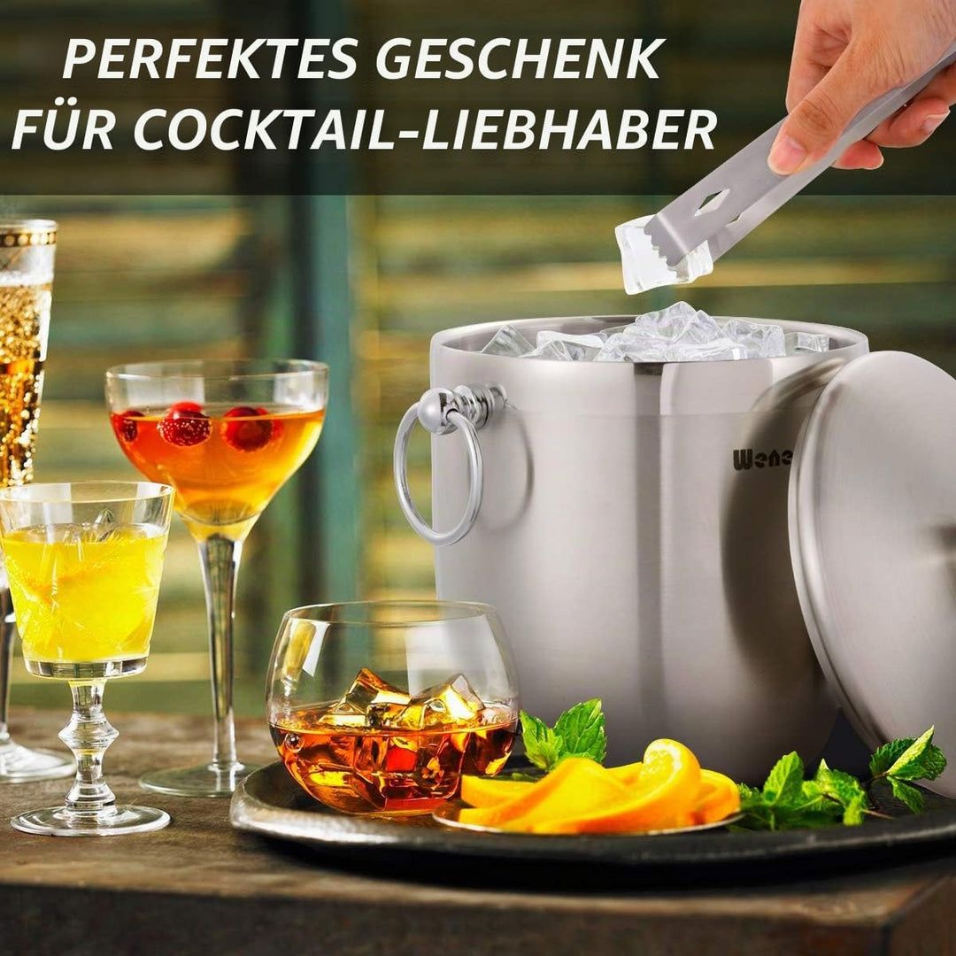 3L Eiskübel Edelstahl mit Deckel, Schaufel, Zange und Sieb – gut verarbeiteter isolierter Edelstahl
