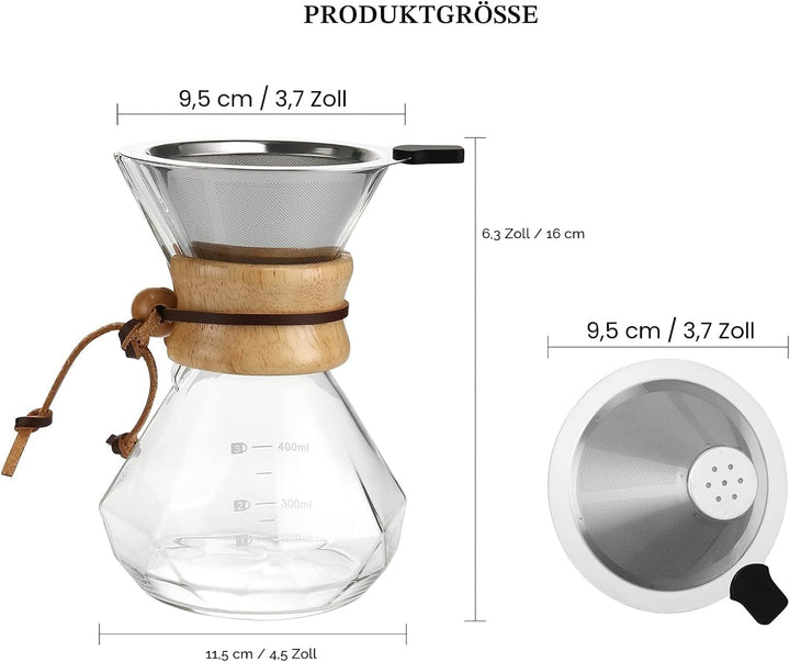Lalord Pour Over Kaffeebereiter mit Edelstahlfilter, Borosilikatglas Kaffeekanne, Holzkragen, Kaffee