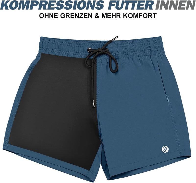 ineepor Badehose Herren mit Kompression Badehose mit innenhose Board Shorts 2 in 1 Reissverschlussta