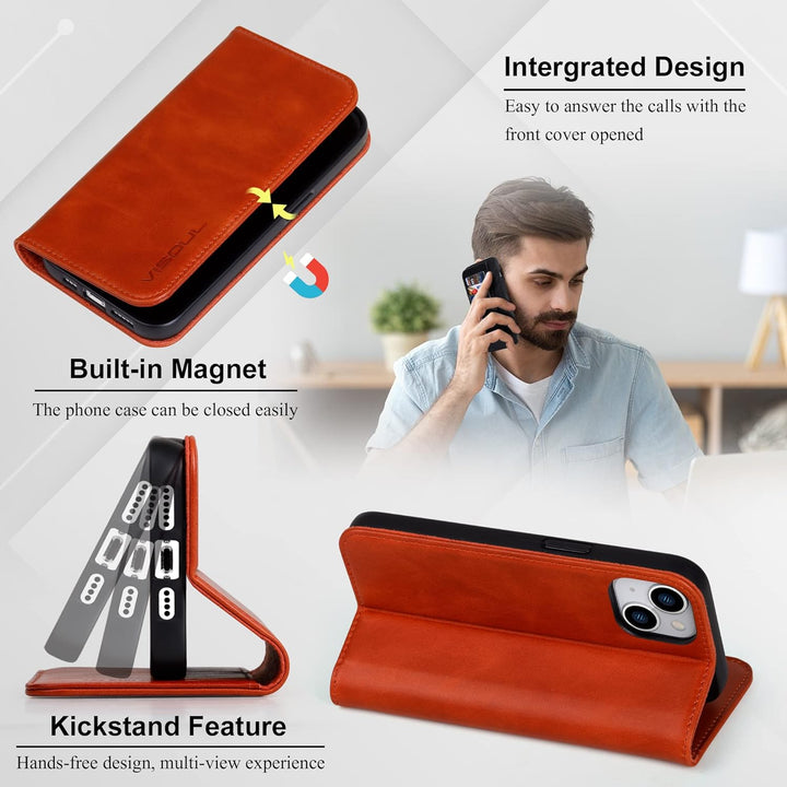 VISOUL iPhone 14 Plus Hülle, Stossfeste Handyhülle [Erstklassiges Rindsleder], TPU Schutzhülle [Kart