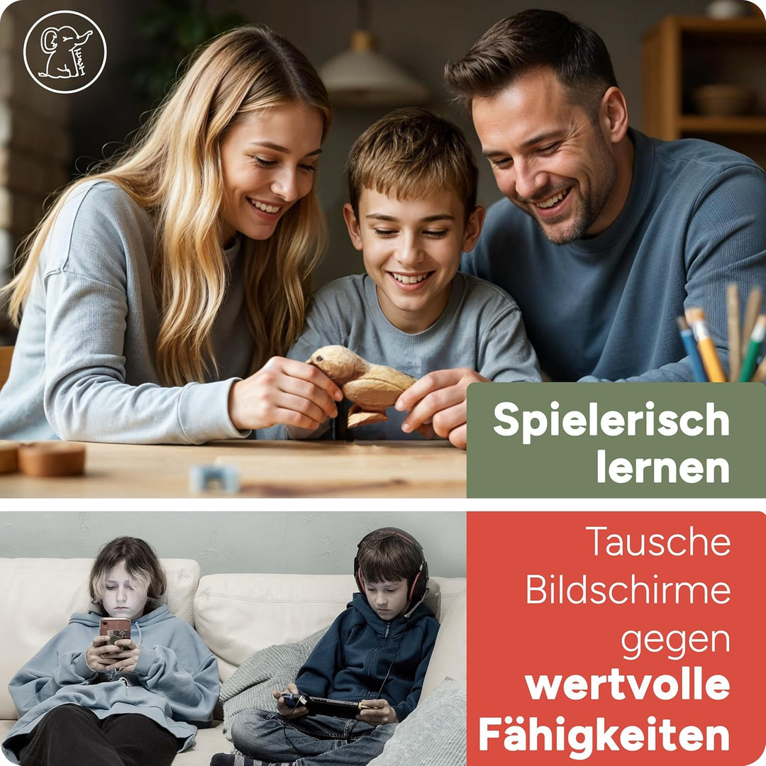 Eli® Schnitzset für Kinder (15-teilig) inkl. Handschuhe - Tasche und Schleifstein - 12 hochwertige S