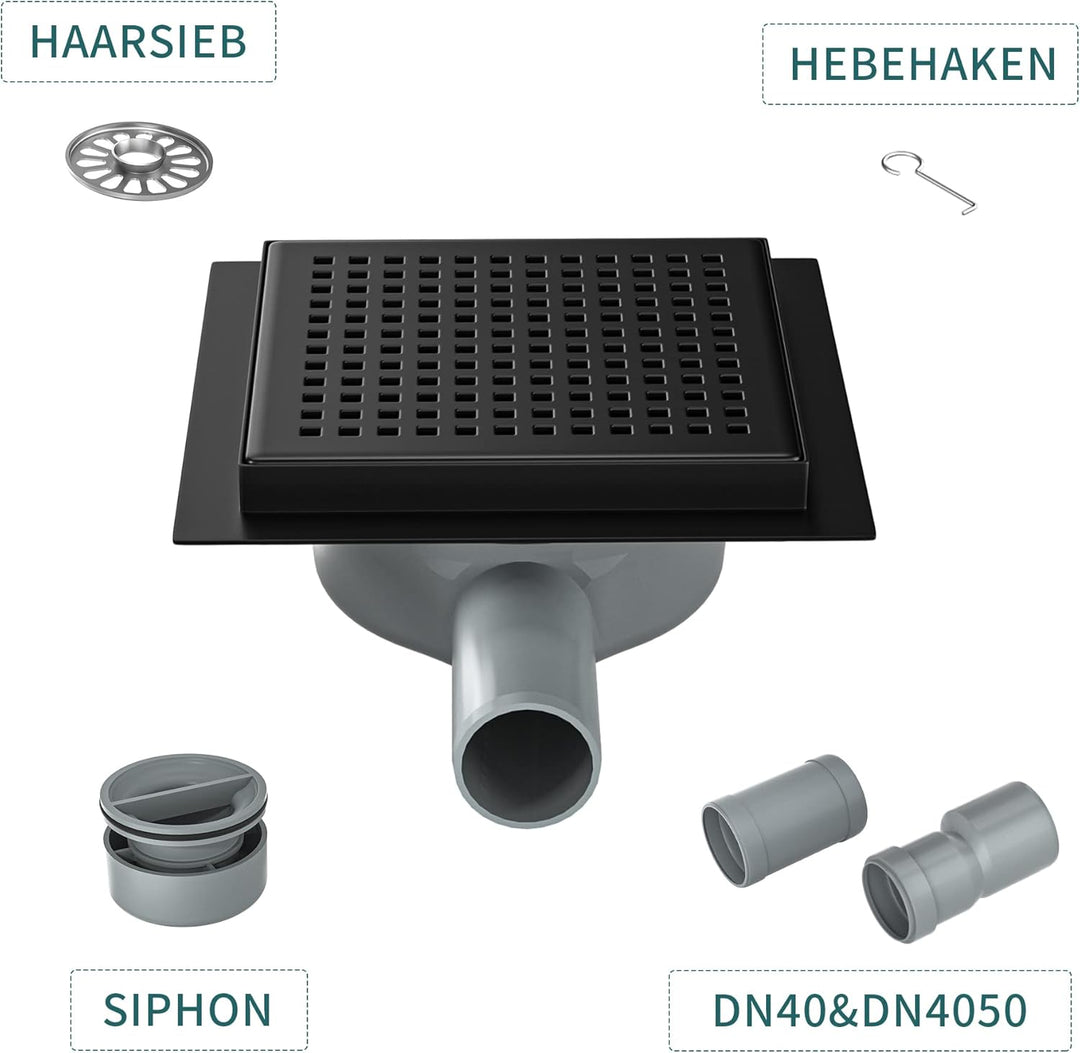 Duschrinne Quadrat 15 * 15cm, 360° Siphon mit Geruchsstop und Haarsieb Edelstahl Ablaufrinne Bodenab