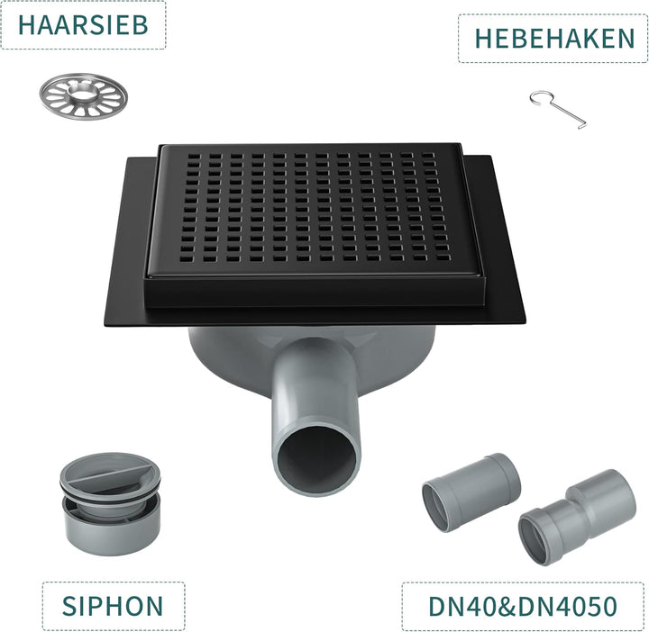 Duschrinne Quadrat 15 * 15cm, 360° Siphon mit Geruchsstop und Haarsieb Edelstahl Ablaufrinne Bodenab