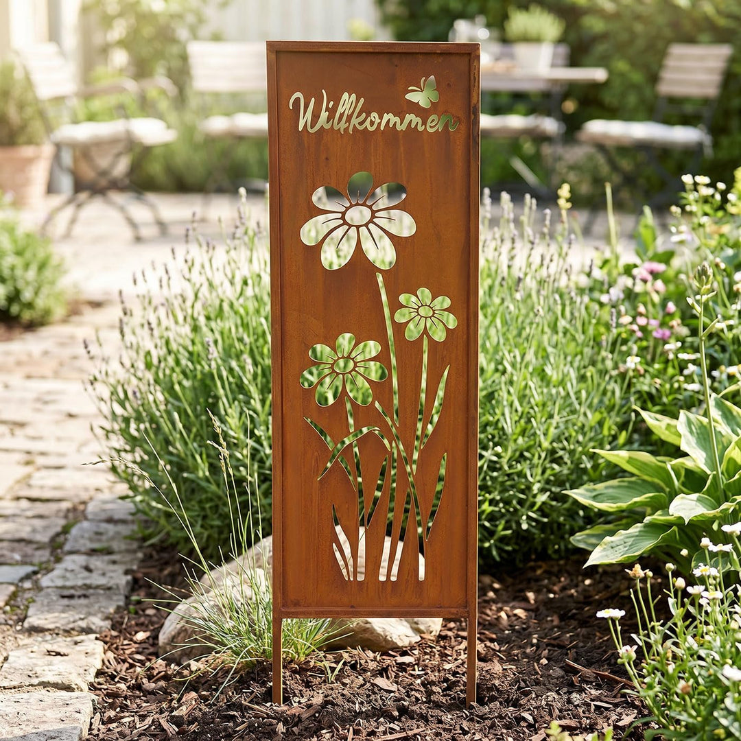 levandeo Gartenstecker Willkommen H83cm Stele Rost Rostdeko Braun Schmetterling Garten-Deko Gartenst