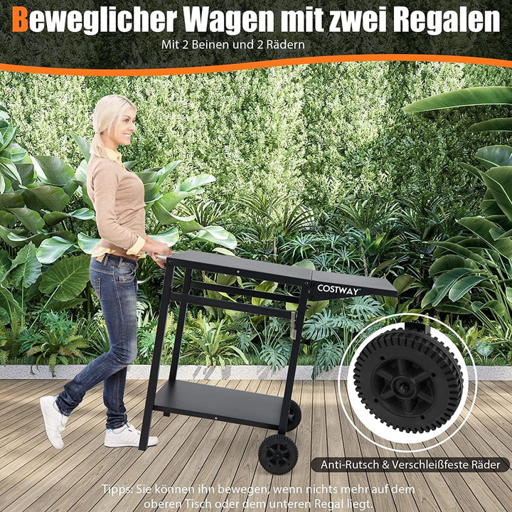 COSTWAY Grillwagen mit klappbarer Tischplatte, Beweglicher Campingtisch mit 2 Ablagen & 4 Haken, Met