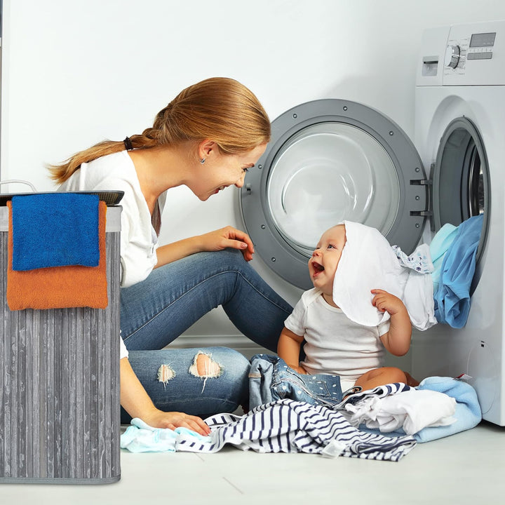 Relaxdays Wäschekorb Bambus mit Deckel, rechteckiger Wäschesammler, 2 Fächer, 95 l Volumen, faltbare